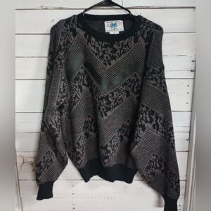 Vintage Chartwell 80's Mens Size Medium Sweater Geometric Design Leather Patches
